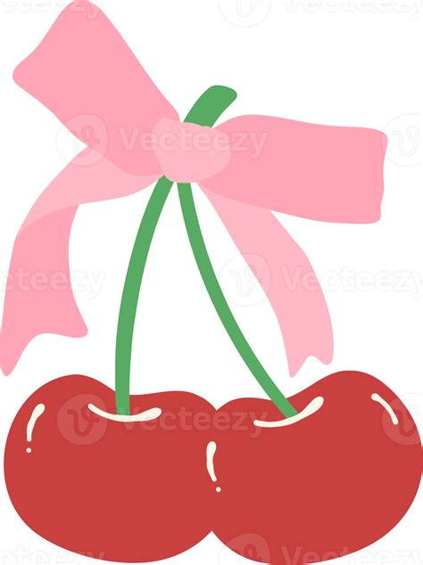 Coquette Cherries With Ribbon Bow Flat Design Png