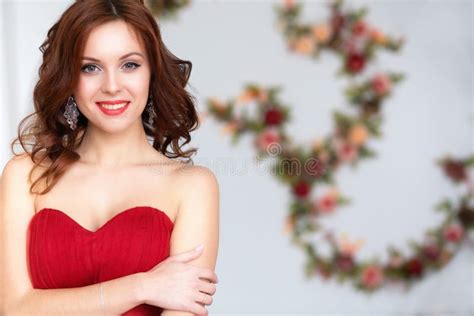 Beauty Brunette Model Woman In Evening Red Dress Beautiful Fashion Luxury Makeup And Hairstyle