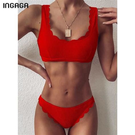 Maillot De Bain Ingaga Bikini Festonn Pour Femmes Maillot De Bain Solide Push Up Ray
