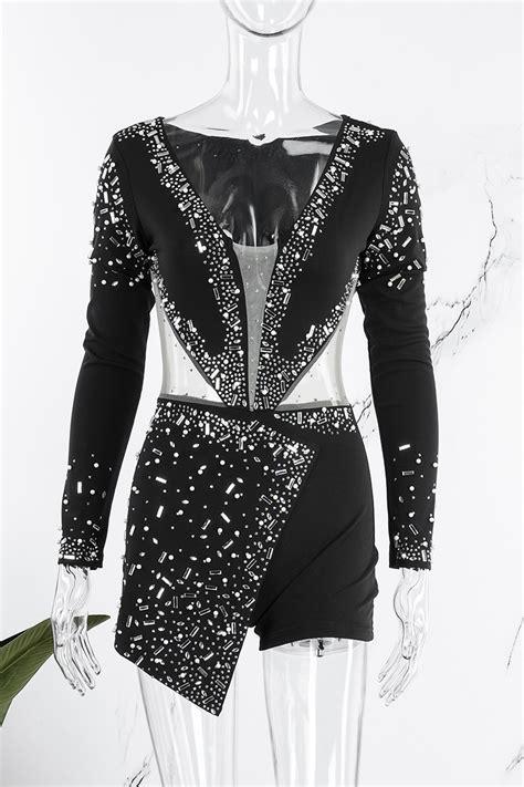 Wholesale Blue Sexy Patchwork Hot Drilling See Through V Neck Skinny Romper K Online