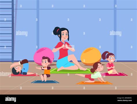 Kids in yoga class. Cartoon children with instructor doing yoga exercises in gym interior ...