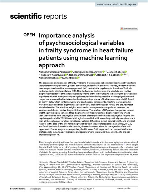 Pdf Importance Analysis Of Psychosociological Variables In Frailty