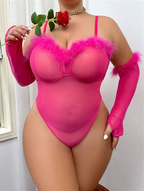 Plus Size Women S Plush Edging Slim Fit Spaghetti Strap Sexy Lingerie With Patchwork Design