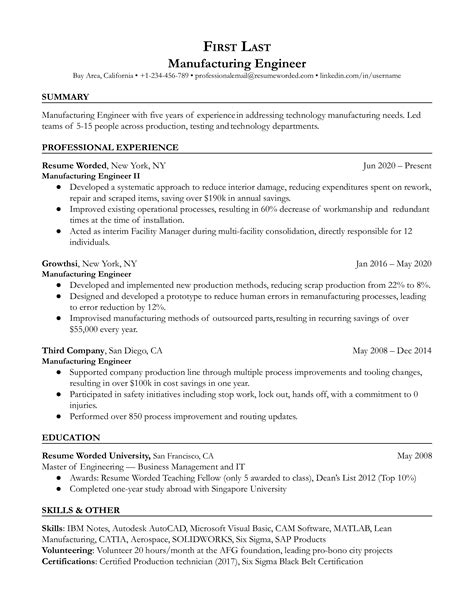 10 Manufacturing Engineer Resume Examples For 2025 Resume Worded