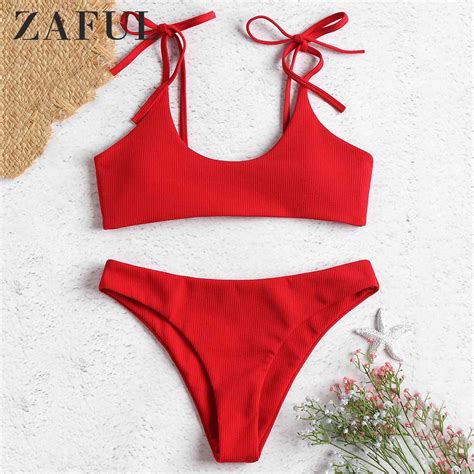 Zaful Ribbed Tie Bralette Bikini Set Spaghetti Straps Basic Swimsuit Lace Up Solid Swimwear