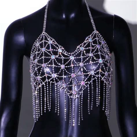 K Ked Women Sexy Glitter Rhinestone Chain Body Bikini Faux Crystal Tassels Bra Jewelry Sliver