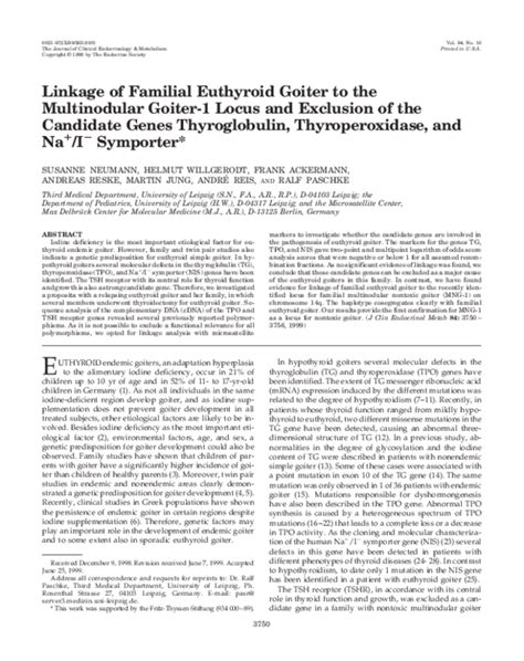 Pdf Linkage Of Familial Euthyroid Goiter To The Multinodular Goiter 1 Locus And Exclusion Of