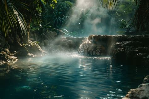 Hot Springs In The Tropical Forest Near Rocks And Trees Are Steaming Stock Illustration