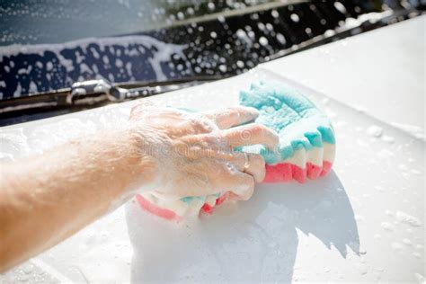 Male Hand Holding Sponge for Washing White Car.dirty Auto.Man Worker ...