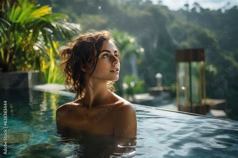 Sexy Naked Brunette Woman Or Girl With Long Hair In Jacuzzi Outdoor On The Background Of