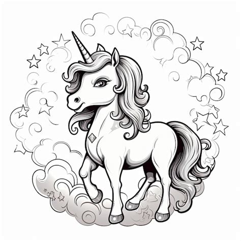 Licorne Dans Les Nuages Illustration Noir Et Blanc Pour Livre De