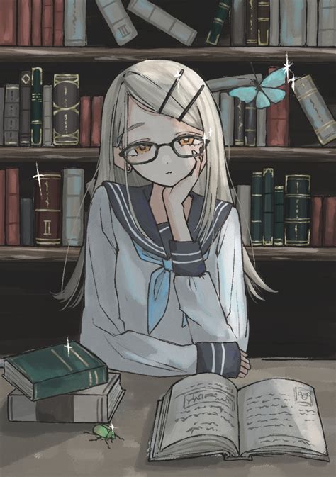 Safebooru Girl Ban Black Framed Eyewear Blonde Hair Book Bookshelf Bug Butterfly Closed