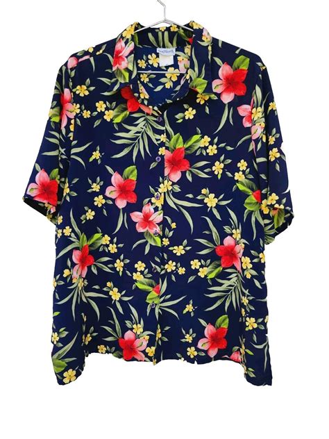 BonWorth Hawaiian Shirt Floral Button Down Retro Top Tropical Womens