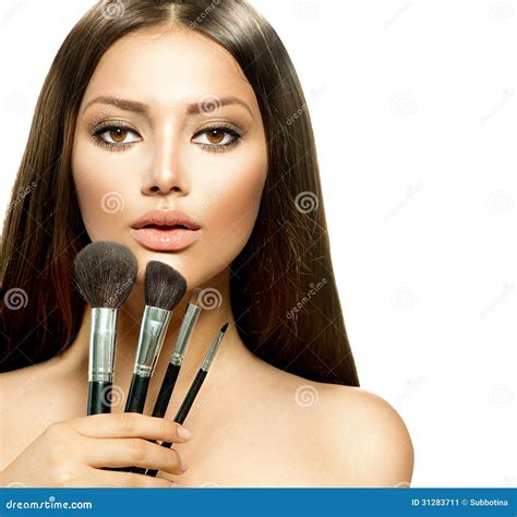 Girl With Makeup Brushes Stock Image Image Of Facial 31283711