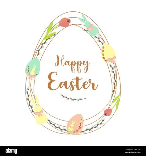 Happy Easter Lettering Spring Card Eggs Rabbit Pussy Willow Twigs Nest Flower Tulip