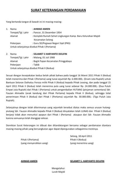 10 Contoh Surat Perjanjian Damai Untuk Berbagai Keperluan