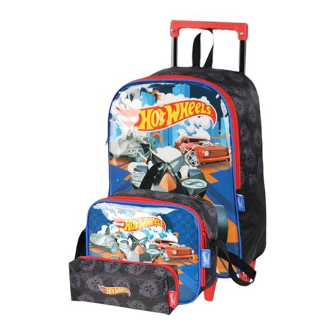 Mochila Escolar Rodinha Lancheira Estojo Hot Wheels Meninos Lika Bijuterias