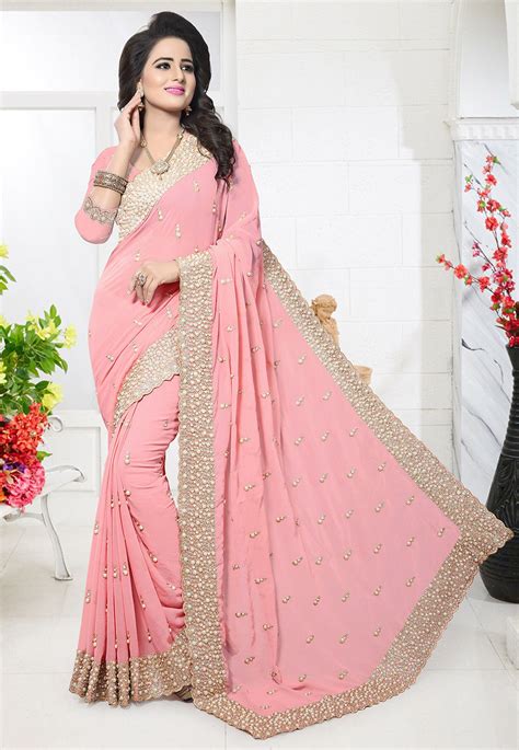 Embroidered Georgette Saree In Peach SSHA1198