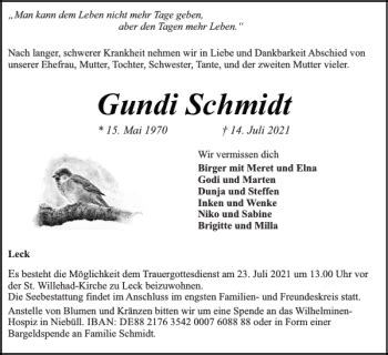 Traueranzeigen Von Gundi Schmidt Sh Z Trauer