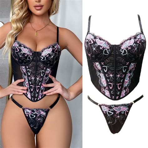 Womens Sexy Lingerie Lace Floral Corsets Crop Cami Top With G String