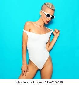 Sexy Blonde White Swimsuit Beach Fashion Stock Photo