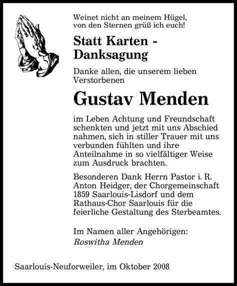 Traueranzeigen Von Gustav Menden Saarbruecker Zeitung Trauer De