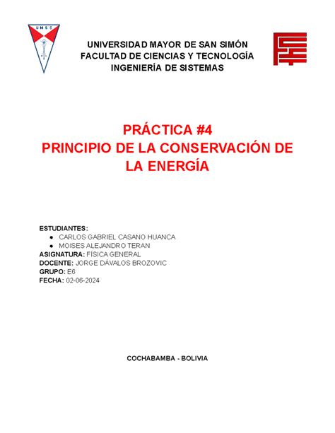 Pr Ctica Principio De La Conservaci N De La Energ A Universidad