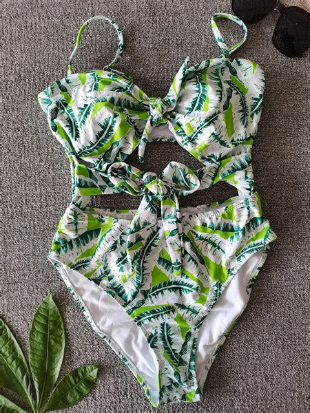 Summer Slim Bikini Tropical Print Tied Bow Swimwear One Piece Beachwear