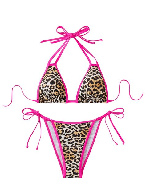 Verdusa Women S Piece Leopard Print Triangle Swimsuit Halter Tie Side String Bikini Sets Brown
