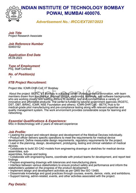 IIT Bombay MSc Biotechnology Project Research Job With High Pay - Apply