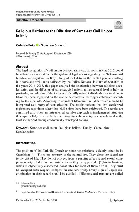 Pdf Religious Barriers To The Diffusion Of Same Sex Civil Unions In Italy