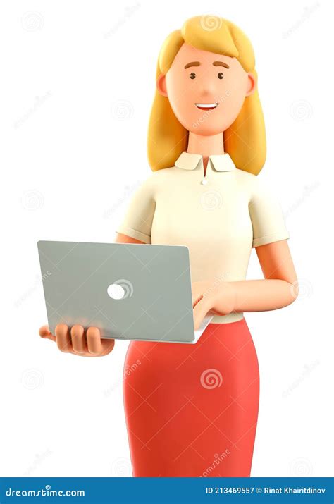 3D Illustration Of Beautiful Blonde Woman Holding Laptop Close Up Portrait Of Cartoon Smiling