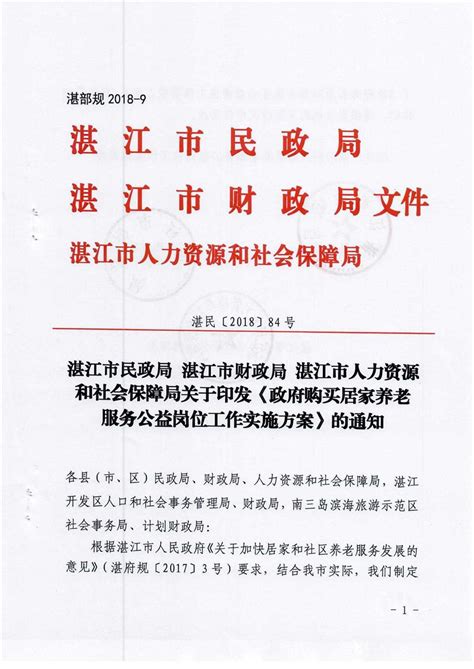 湛江市民政局 湛江市财政局 湛江市人力资源和社会保障局关于印发《政府购买居家养老服务公益岗位工作实施方案》的通知