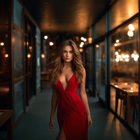 Beautiful Woman With Blonde Hair And Red Dress Premium AI Generated Image
