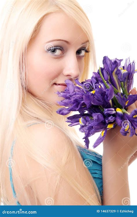 Blonde With Iris Flowers Stock Image Image Of Purple