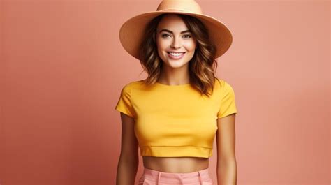 Premium Photo Photo Of Cute Flirty Brunette Girl With Charming Smile Wearing Trendy Bright