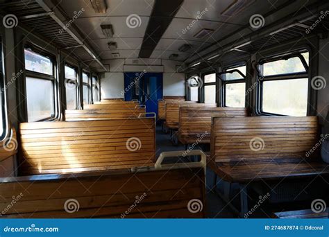 Old Empty Wagon Of Train Wooden Seats In An Empty Coach Of Train Stock