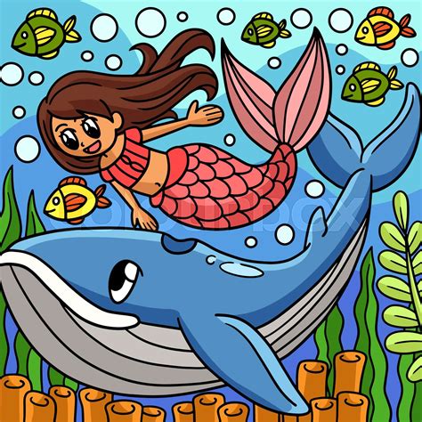 Mermaid With Whale Colored Cartoon Illustration Stock Vector Colourbox