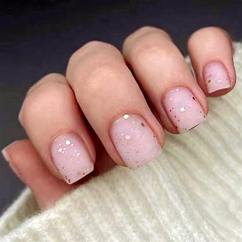 Pcs Nude Press On Nails Short Fake Nails Square Matte Press Ons Gold Sequins Designs Nail