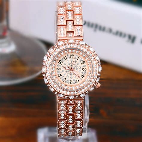 Luxury Full Diamond Dress Watch Women Rhinestone Bangle Watch Lady Rose ...