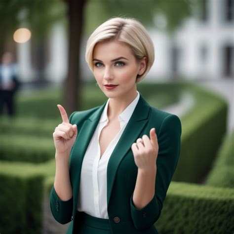 Businesswoman With Blonde Long Hair Pigtails Flowing Over Her Shoulders Dressed In Tight Satin