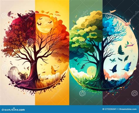 Four Different Seasons With Trees And Birds Generative Ai Stock