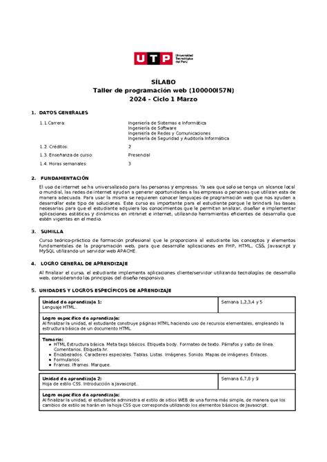 100000 I57N Taller De Programacion Web SÍLABO Taller de programación