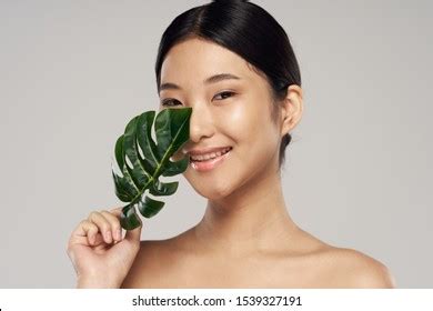Beautiful Woman Naked Shoulders Palm Leaf Stock Photo Edit Now