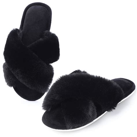 Kitsin Fuzzy Cross Band Slippers Soft Plush Furry Fur House Shoes Open