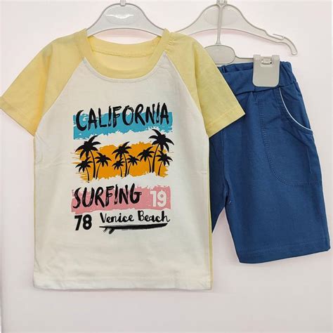 Костюм - двойка детский летний с шортами, желтый - синий, футболка ...