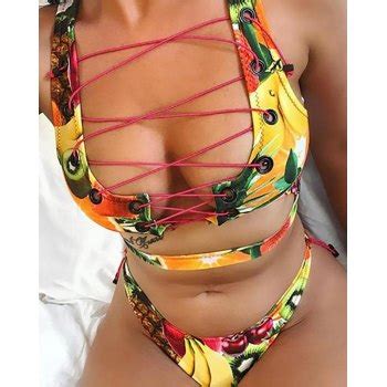 Emmiol Free Shipping Rainbow Eyelet Bandage Triangle Bikini Yellow