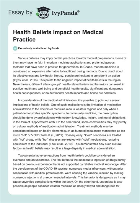 Health Beliefs Impact On Medical Practice 587 Words Essay Example