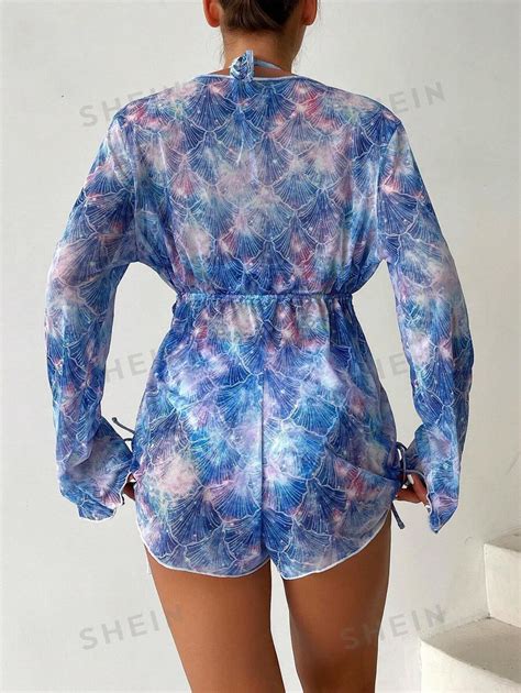 Women S Fish Scale Print Halter Neck Bikini Swimsuit Set Shein Euqs