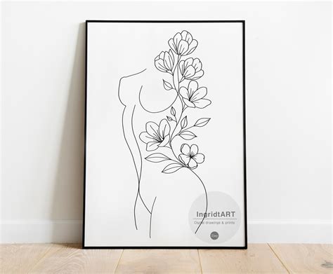 Sensual Female Nude Body Line Art Woman Line Art Intimate Figure Drawing Flower Line Drawing